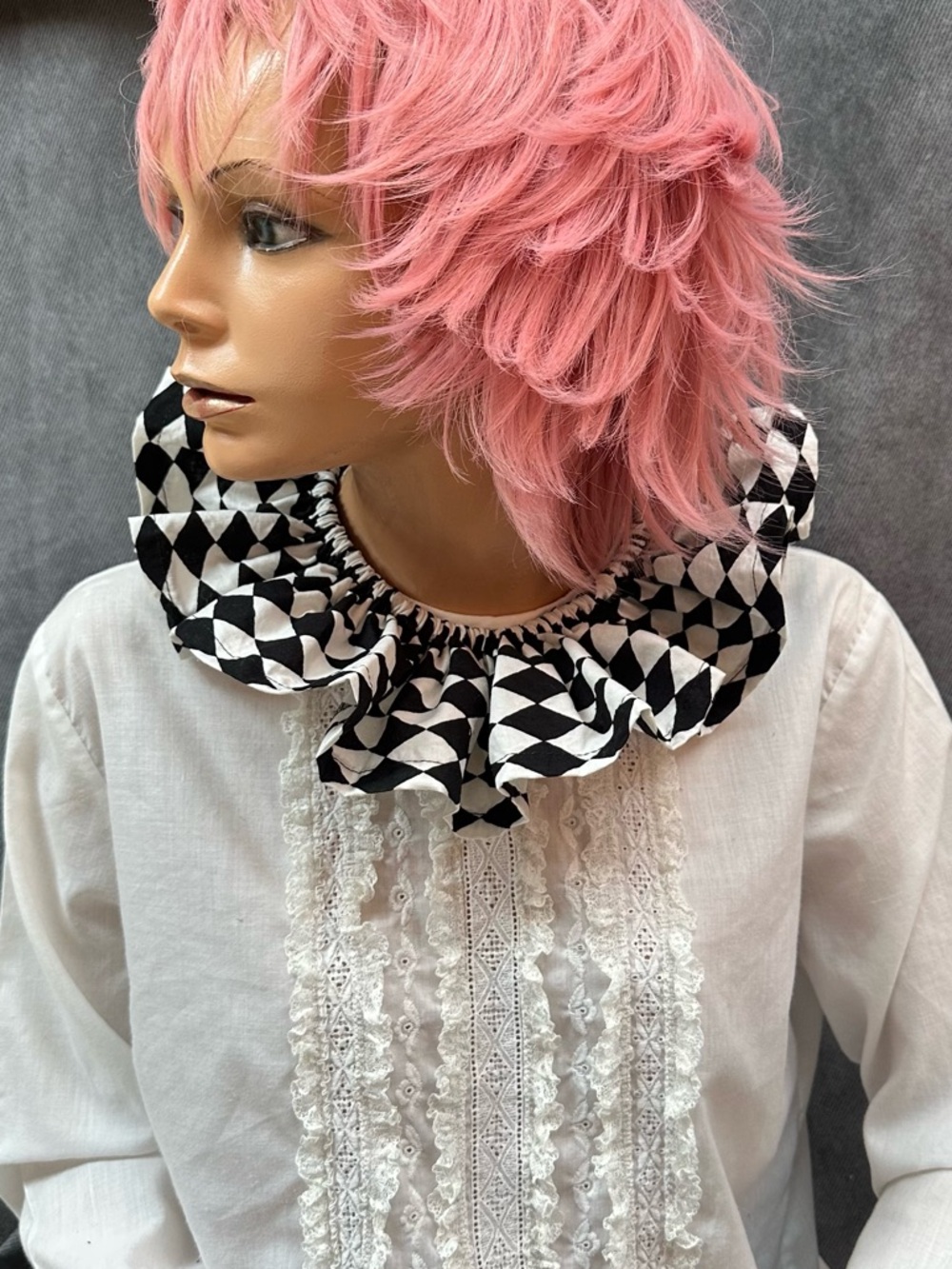 Vintage harlequin ruffle clown collar Pierrot black & white one size adult